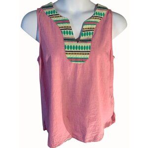 Crown & Ivy Womens Large Pink Sleeveless Top Vneck Multicolor Embroidered Collar